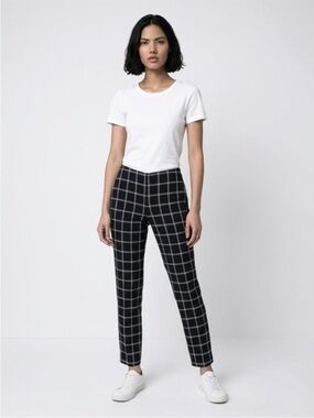 Adrianna Papell Women’s Black White Check Windowpane Pull-On Ankle Pants